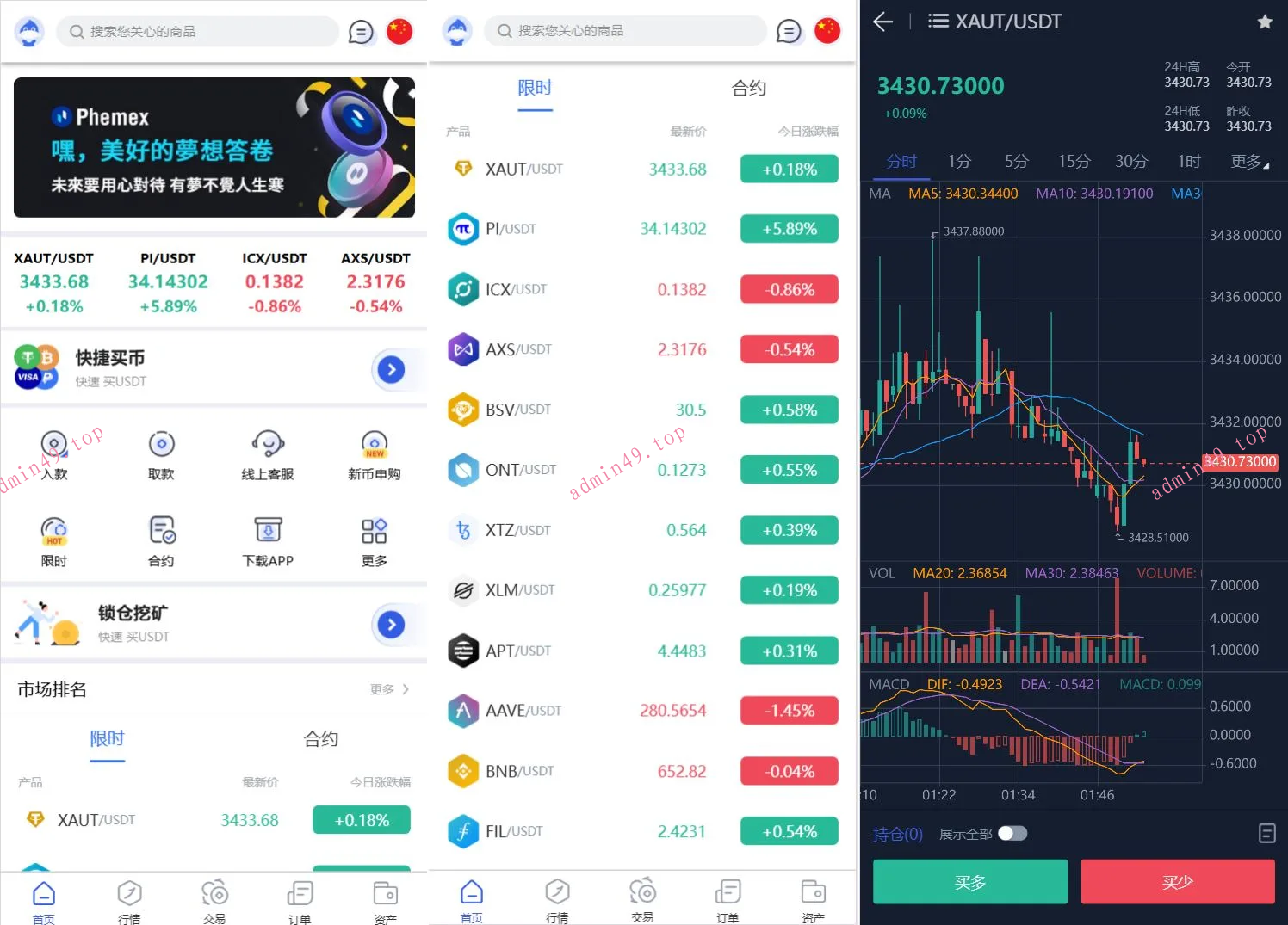 Phemex多语言交易所源码/期权交易+合约交易+新币申购+锁仓挖矿+平台币发行+K线行情控制/前端uniapp编译后+后端PHP